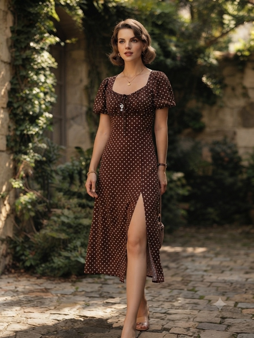 Inspired Hearts Brown/White Polka Dot Midi Dress
